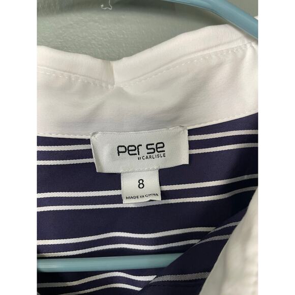 Per Se by Carlisle Women's Navy White Stripe Long Sleeve Collared Top. Size 8. - Picture 7 of 8